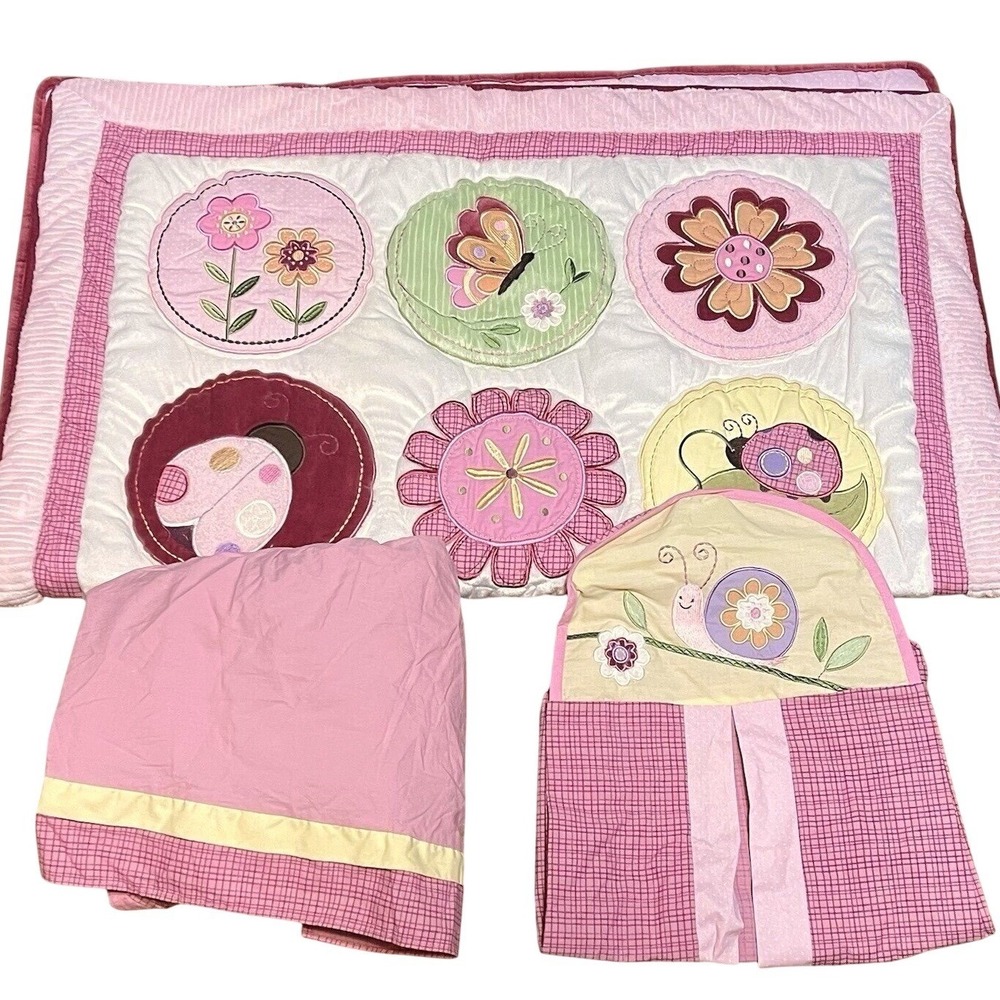 Kids Line Pink Butterfly Snail Cottage Core Nursery Bedding Quilt Diaper Skirt